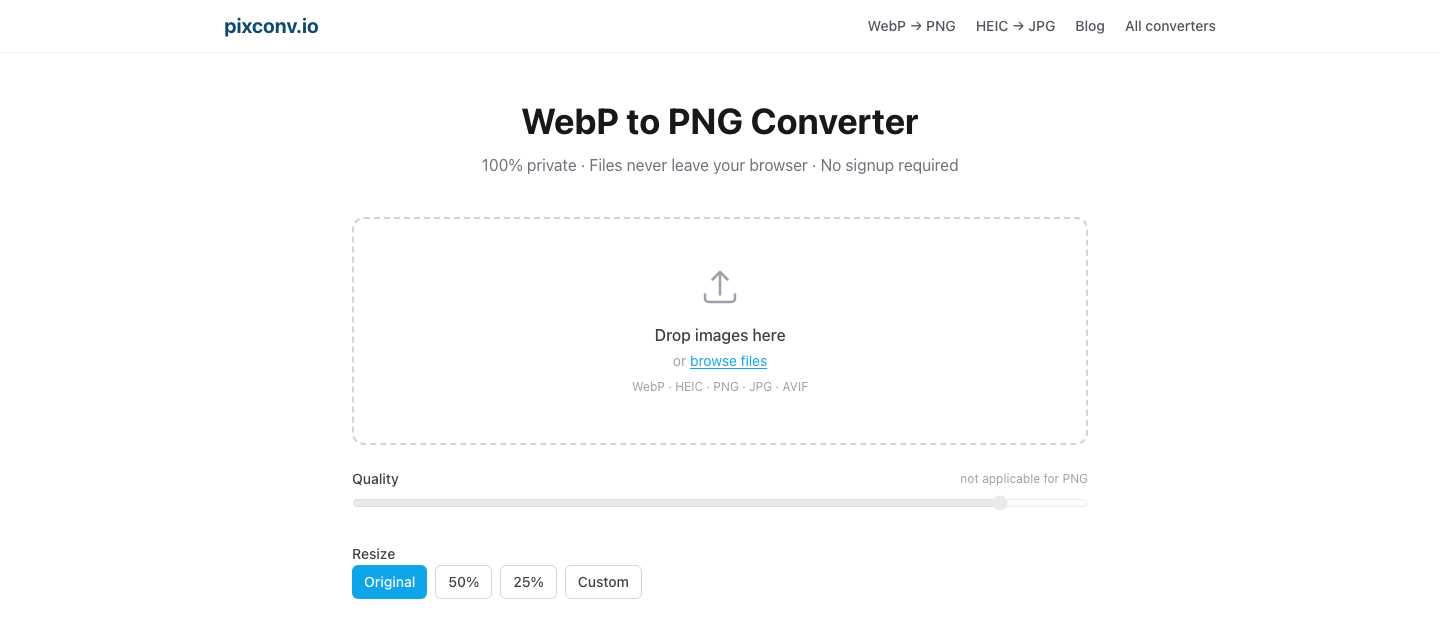 pixconv.io WebP to PNG converter — empty drop zone ready for files