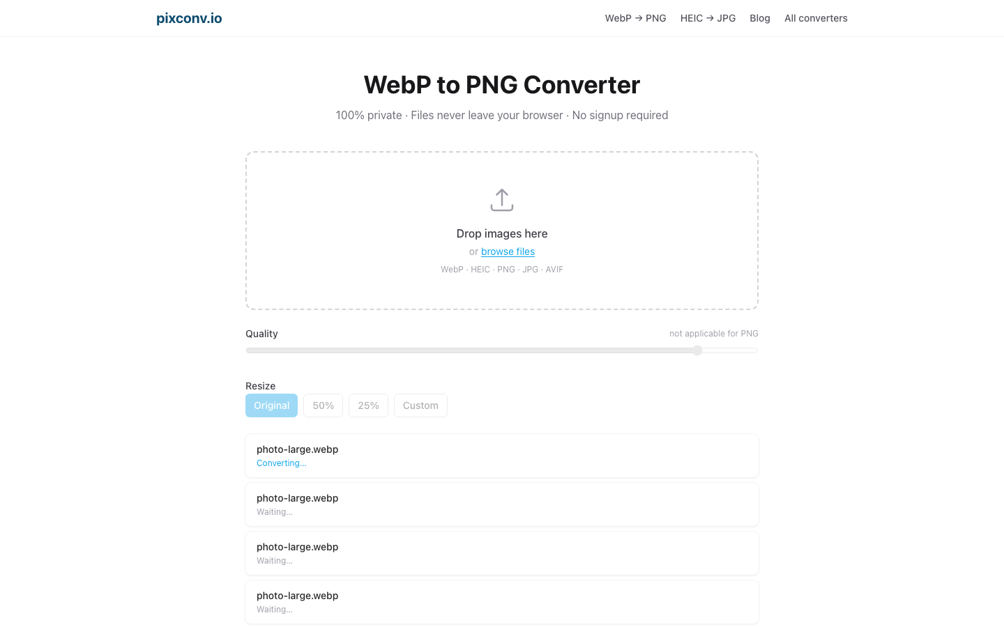 WebP files converting in pixconv.io — progress view