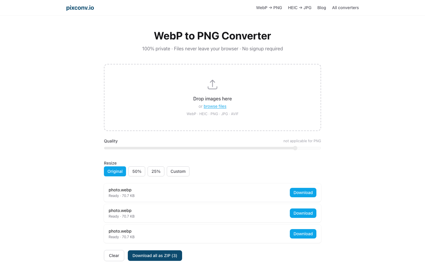 All files converted — Download all as ZIP button ready
